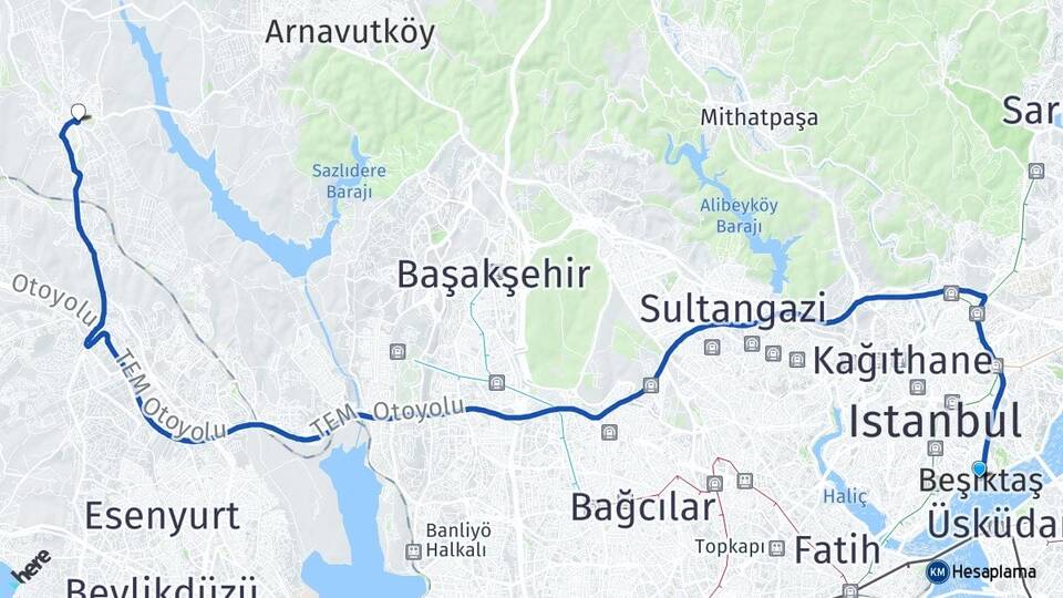 İstanbul Beşiktaş Hadımköy Arnavutköy Arası Kaç Km - Yol Haritası