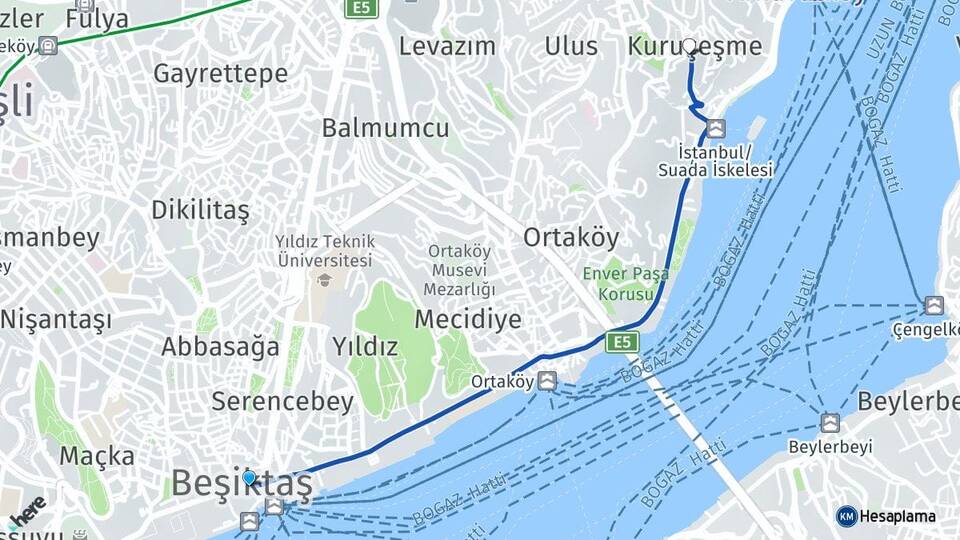 İstanbul Beşiktaş Kuruçeşme Beşiktaş Arası Kaç Km - Yol Haritası