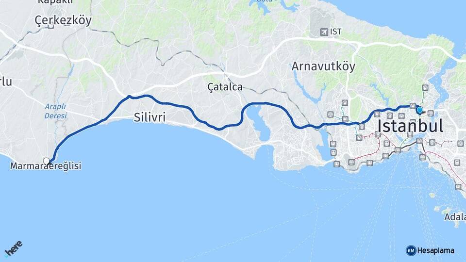 İstanbul Beşiktaş Levent Marmaraereğlisi Tekirdağ Arası Kaç Km - Yol Haritası