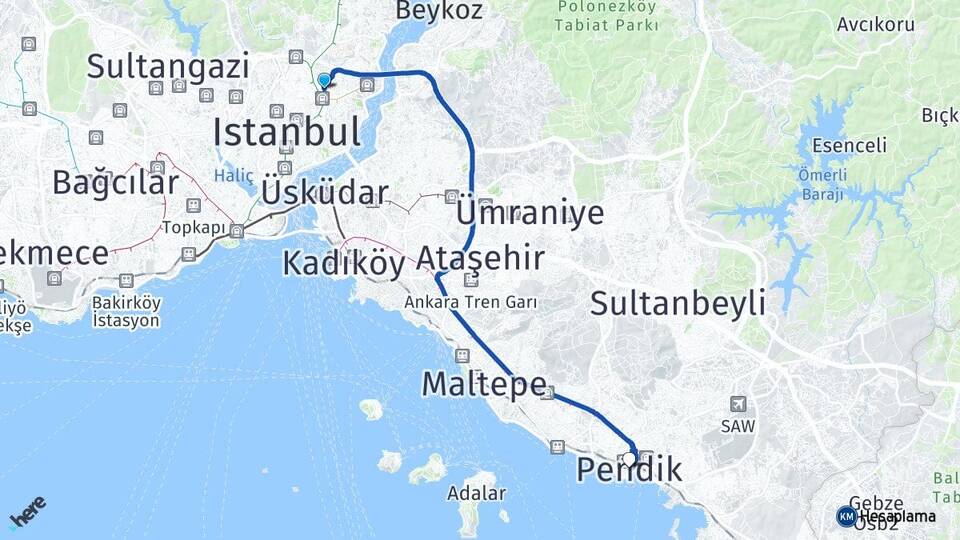 İstanbul Beşiktaş Levent Pendik Arası Kaç Km - Yol Haritası