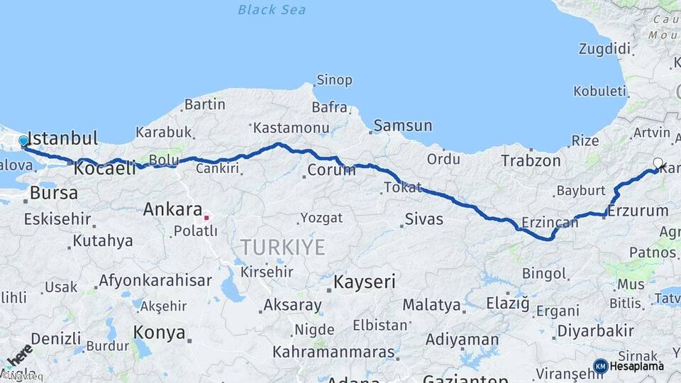 İstanbul Beşiktaş Nişantaşı Şenkaya Erzurum Arası Kaç Km - Yol Haritası