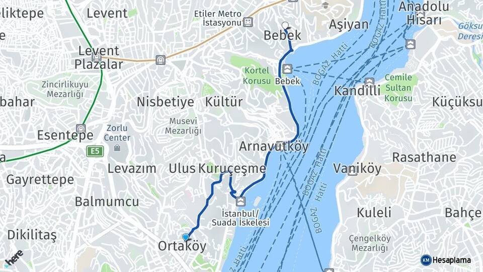 İstanbul Beşiktaş Ortaköy Bebek Beşiktaş Arası Kaç Km - Yol Haritası