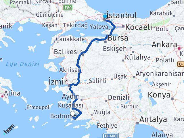 İstanbul Beşiktaş Ortaköy Gündoğan Bodrum Muğla Arası Kaç Km - Yol Haritası