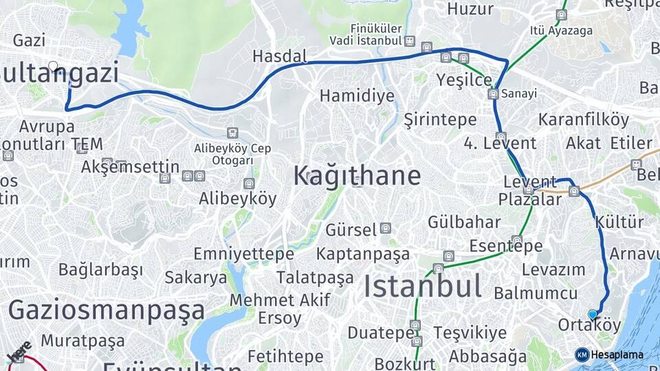İstanbul Beşiktaş Ortaköy Sultangazi Arası Kaç Km - Yol Haritası