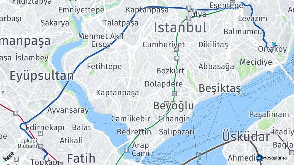 İstanbul Beşiktaş Ortaköy Topkapı Fatih Arası Kaç Km - Yol Haritası