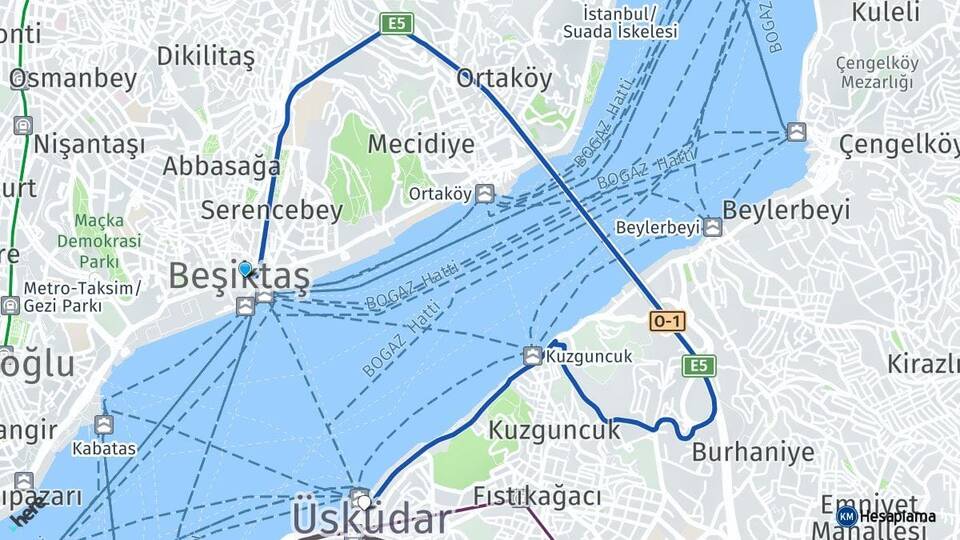 İstanbul Beşiktaş Üsküdar Arası Kaç Km - Yol Haritası