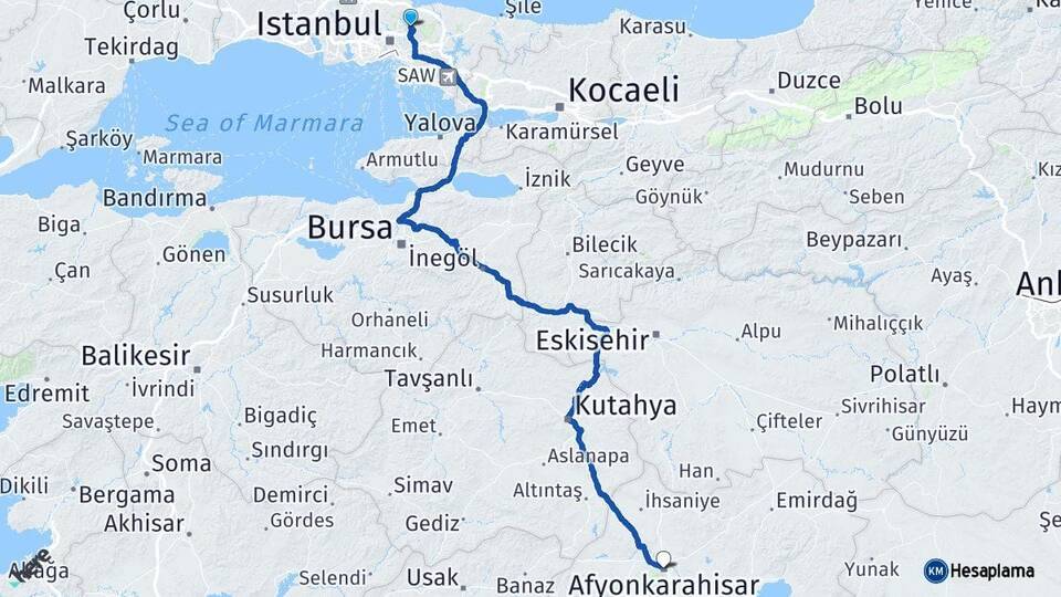 İstanbul Beykoz Afyonkarahisar Arası Kaç Km - Yol Haritası