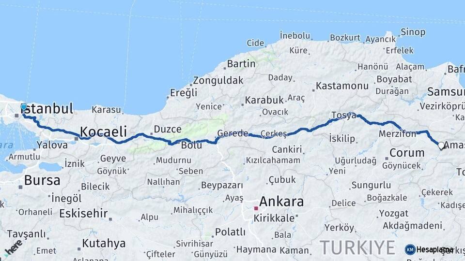 İstanbul Beykoz Amasya Arası Kaç Km - Yol Haritası
