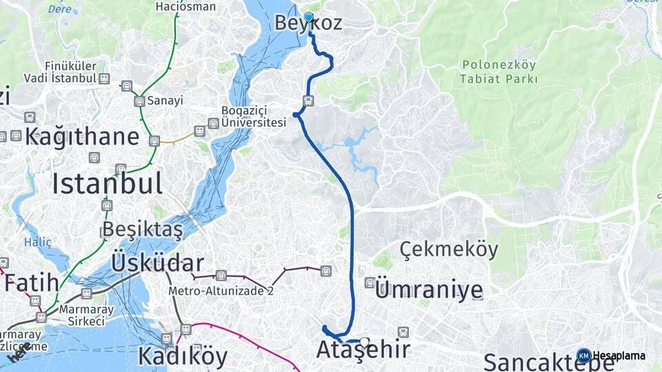 İstanbul Beykoz Ataşehir Arası Kaç Km - Yol Haritası