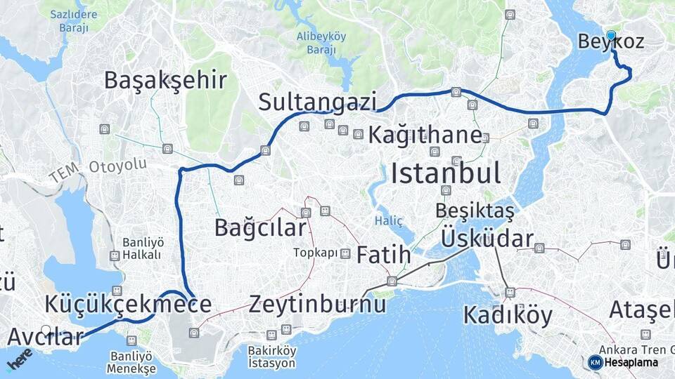 İstanbul Beykoz Avcılar Arası Kaç Km - Yol Haritası