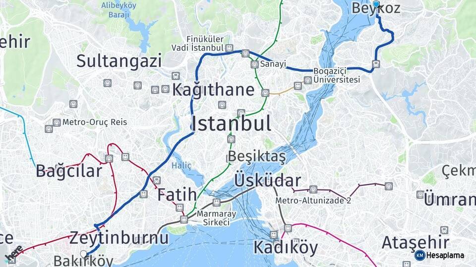 İstanbul Beykoz Bakırköy Arası Kaç Km - Yol Haritası