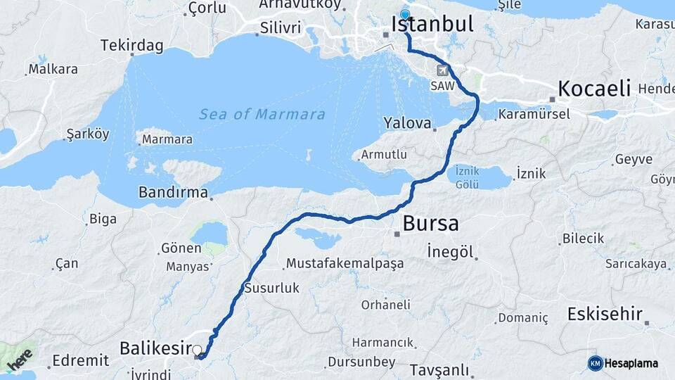 İstanbul Beykoz Balıkesir Arası Kaç Km - Yol Haritası