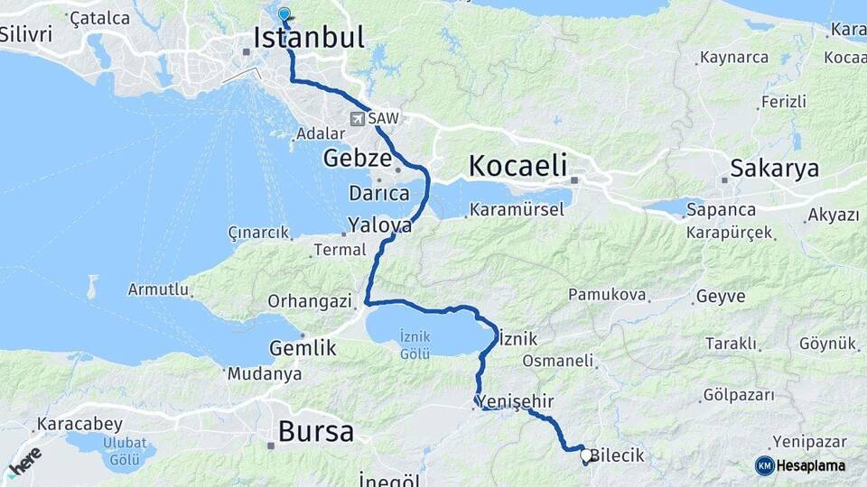 İstanbul Beykoz Bilecik Arası Kaç Km - Yol Haritası