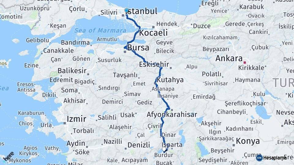 İstanbul Beykoz Burdur Arası Kaç Km - Yol Haritası