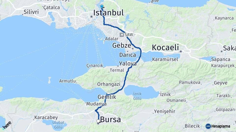 İstanbul Beykoz Bursa Arası Kaç Km - Yol Haritası