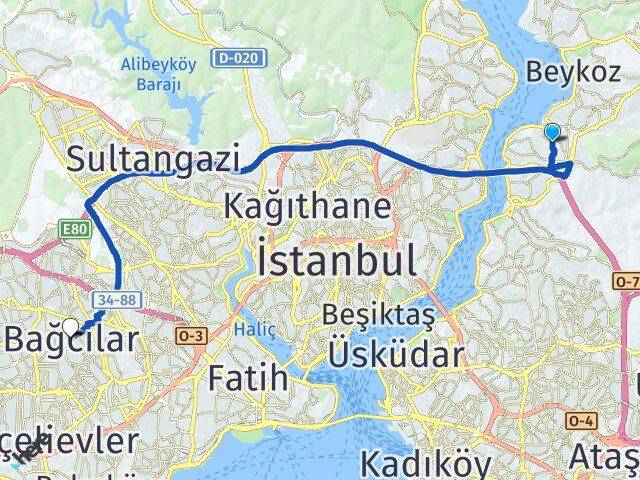 İstanbul Beykoz Çubuklu Bağcılar Arası Kaç Km - Yol Haritası