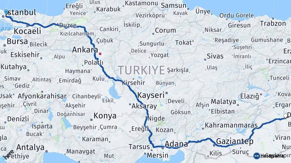 İstanbul Beykoz Diyarbakır Arası Kaç Km - Yol Haritası