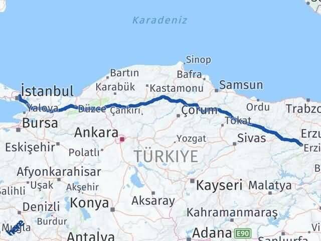 İstanbul Beykoz Erzincan Arası Kaç Km - Yol Haritası