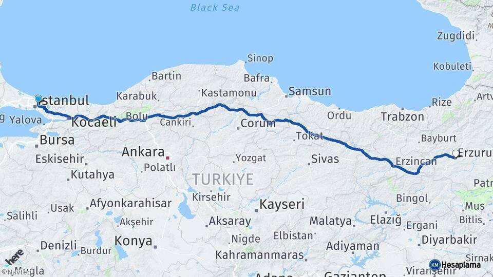 İstanbul Beykoz Erzurum Arası Kaç Km - Yol Haritası