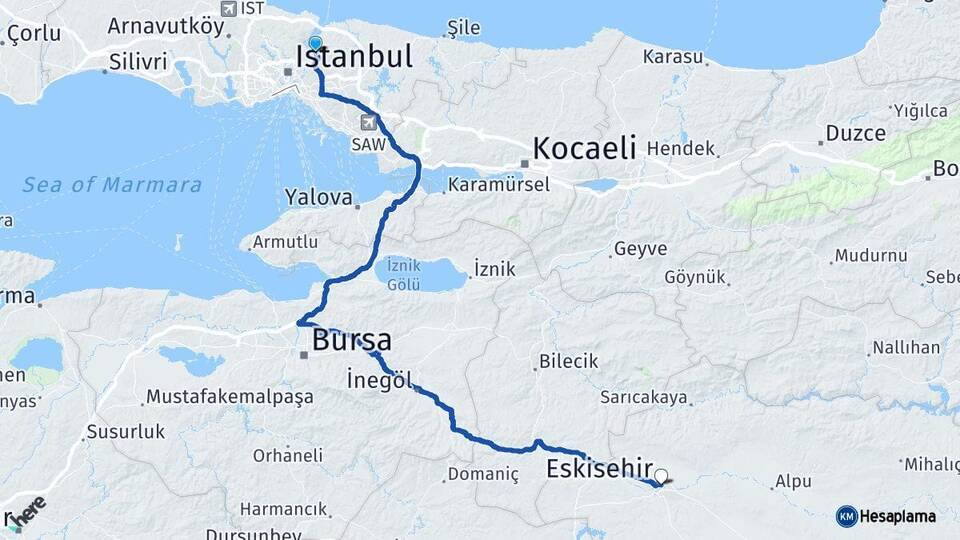 İstanbul Beykoz Eskişehir Arası Kaç Km - Yol Haritası
