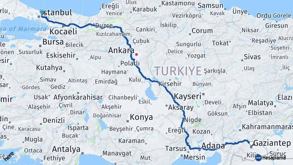 İstanbul Beykoz Gaziantep Arası Kaç Km - Yol Haritası