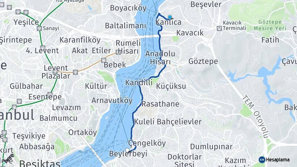 İstanbul Beykoz Kanlıca Beylerbeyi Üsküdar Arası Kaç Km - Yol Haritası