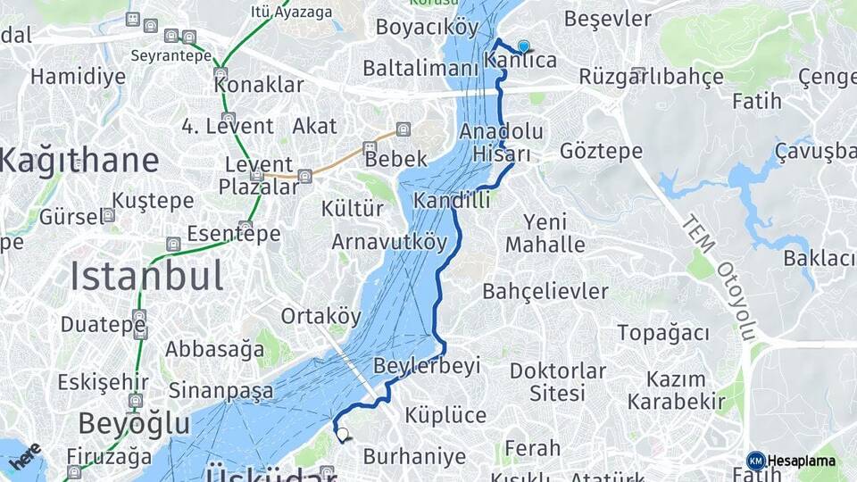 İstanbul Beykoz Kanlıca Kuzguncuk Üsküdar Arası Kaç Km - Yol Haritası
