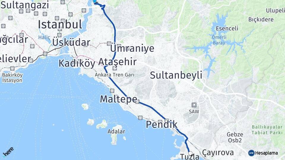 İstanbul Beykoz Kanlıca Tuzla Arası Kaç Km - Yol Haritası