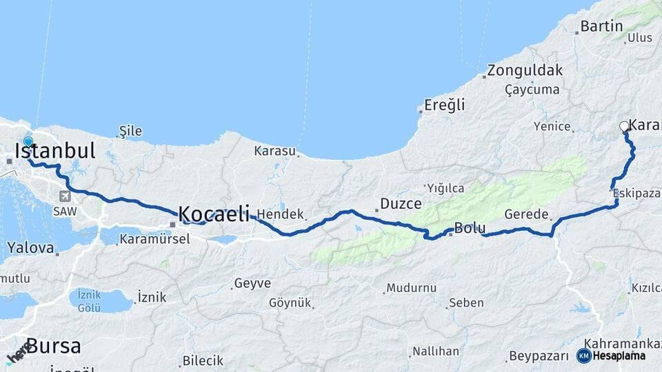 İstanbul Beykoz Karabük Arası Kaç Km - Yol Haritası