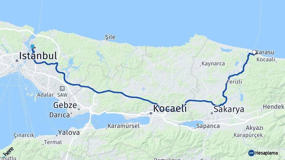 İstanbul Beykoz Karasu Sakarya Arası Kaç Km - Yol Haritası