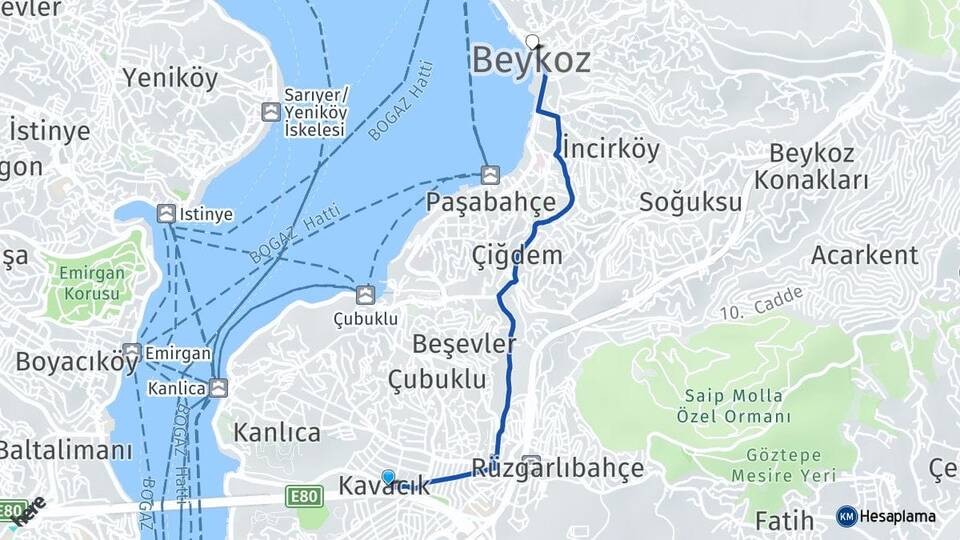 İstanbul Beykoz Kavacık Beykoz Arası Kaç Km - Yol Haritası