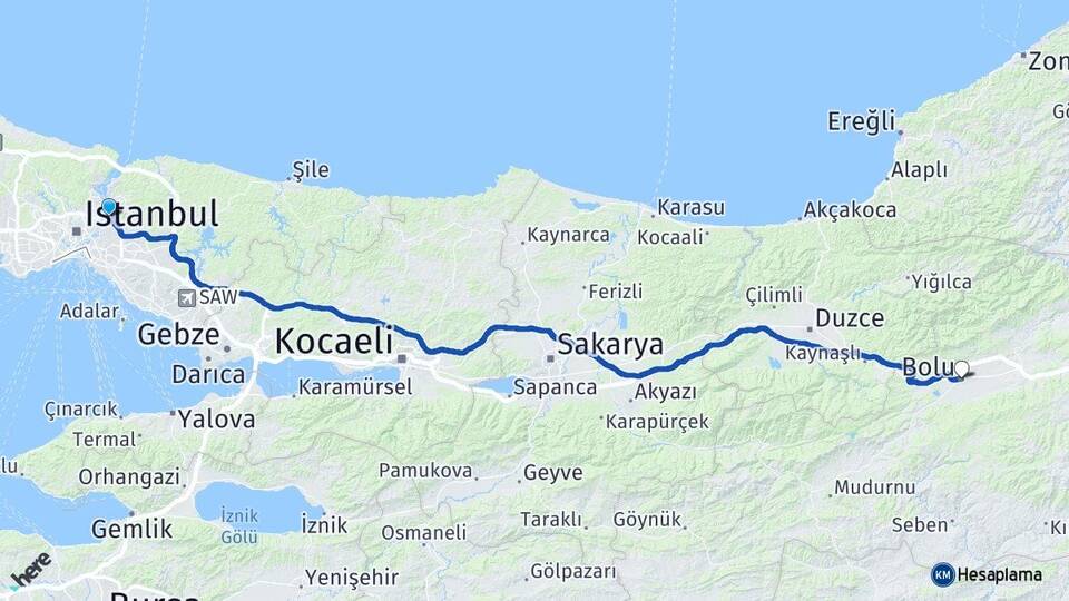 İstanbul Beykoz Kavacık Bolu Arası Kaç Km - Yol Haritası