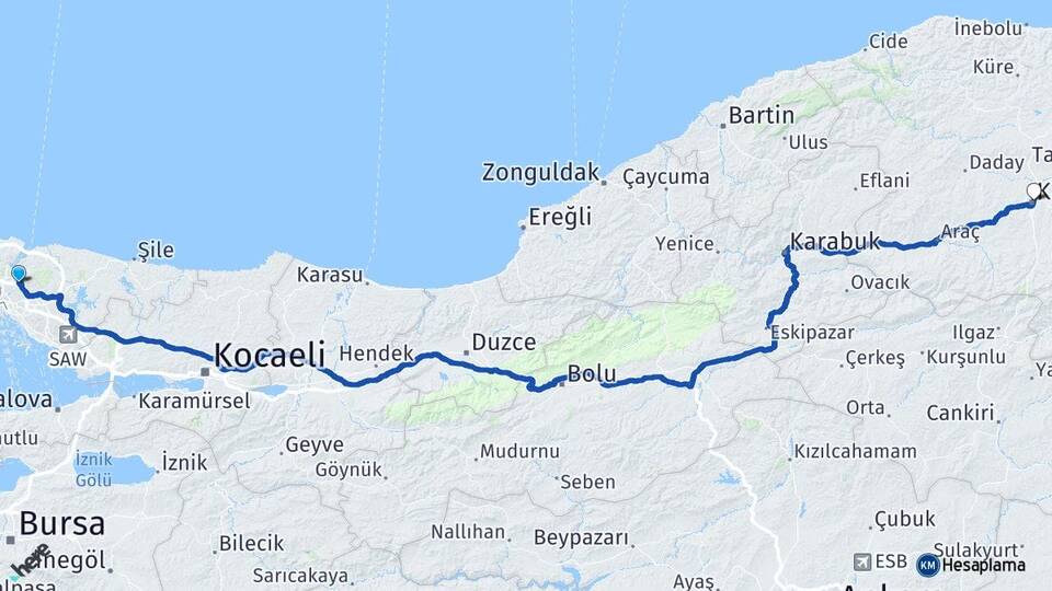 İstanbul Beykoz Kavacık Kastamonu Arası Kaç Km - Yol Haritası