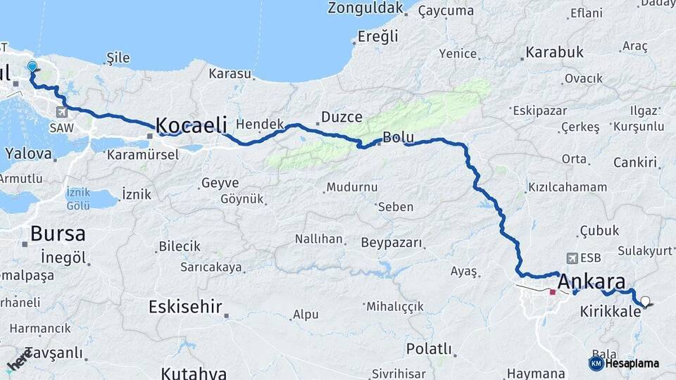 İstanbul Beykoz Kırıkkale Arası Kaç Km - Yol Haritası