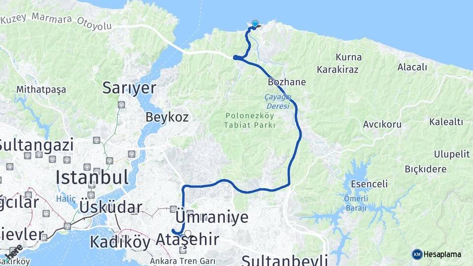 İstanbul Beykoz Riva Ataşehir Arası Kaç Km - Yol Haritası