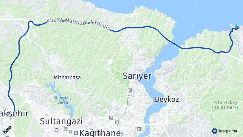 İstanbul Beykoz Riva Başakşehir Arası Kaç Km - Yol Haritası