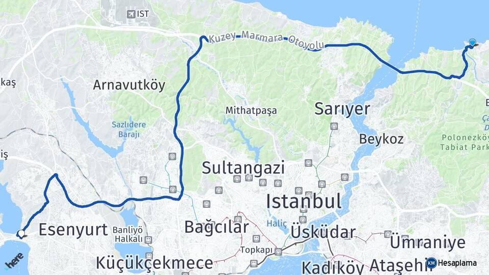 Riva Büyükçekmece Arası Kaç Km - Yol Tarifi