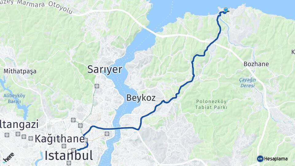 İstanbul Beykoz Riva Şişli Arası Kaç Km - Yol Haritası