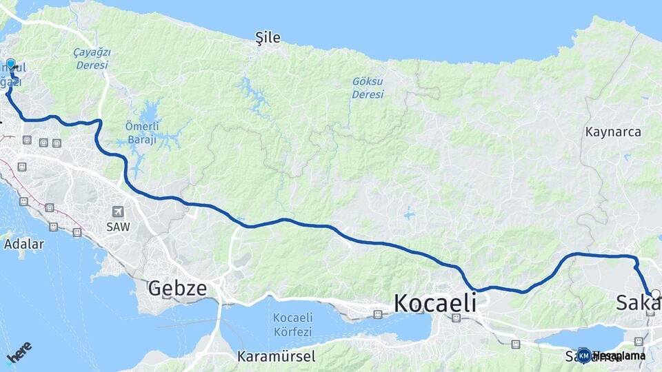 İstanbul Beykoz Sakarya Arası Kaç Km - Yol Haritası