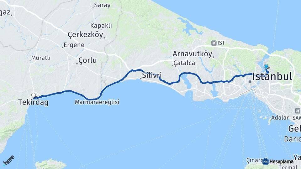 İstanbul Beykoz Tekirdağ Arası Kaç Km - Yol Haritası