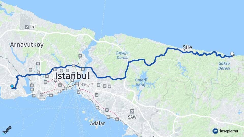 İstanbul Beylikdüzü Ağva Şile Arası Kaç Km - Yol Haritası