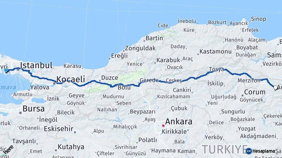 İstanbul Beylikdüzü Amasya Arası Kaç Km - Yol Haritası