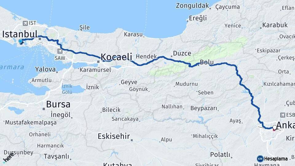 İstanbul Beylikdüzü Ankara Arası Kaç Km - Yol Haritası