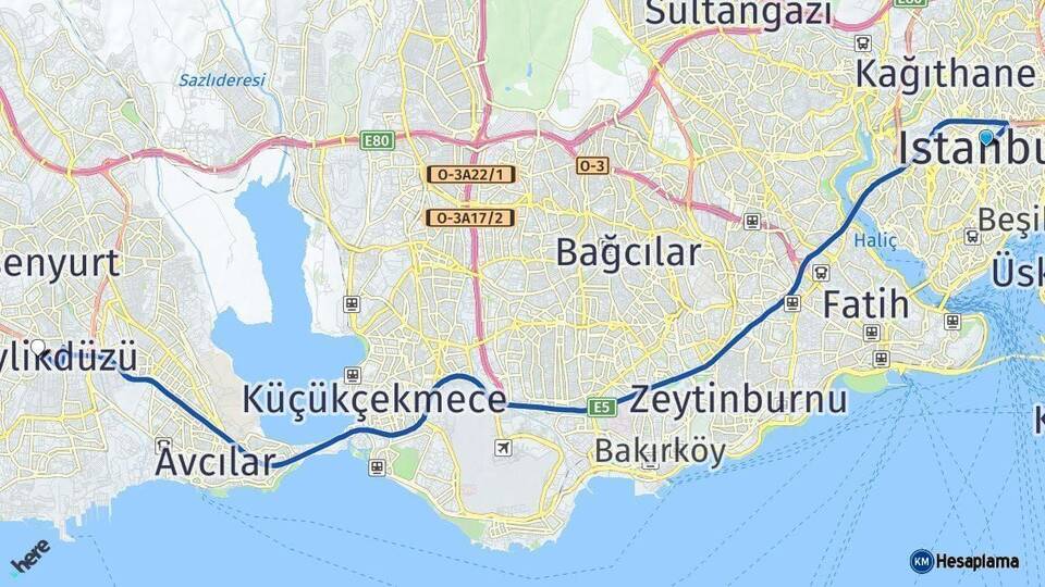 İstanbul Beylikdüzü Arası Kaç Km - Yol Haritası