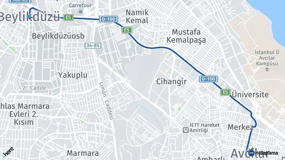 İstanbul Beylikdüzü Avcılar Arası Kaç Km - Yol Haritası