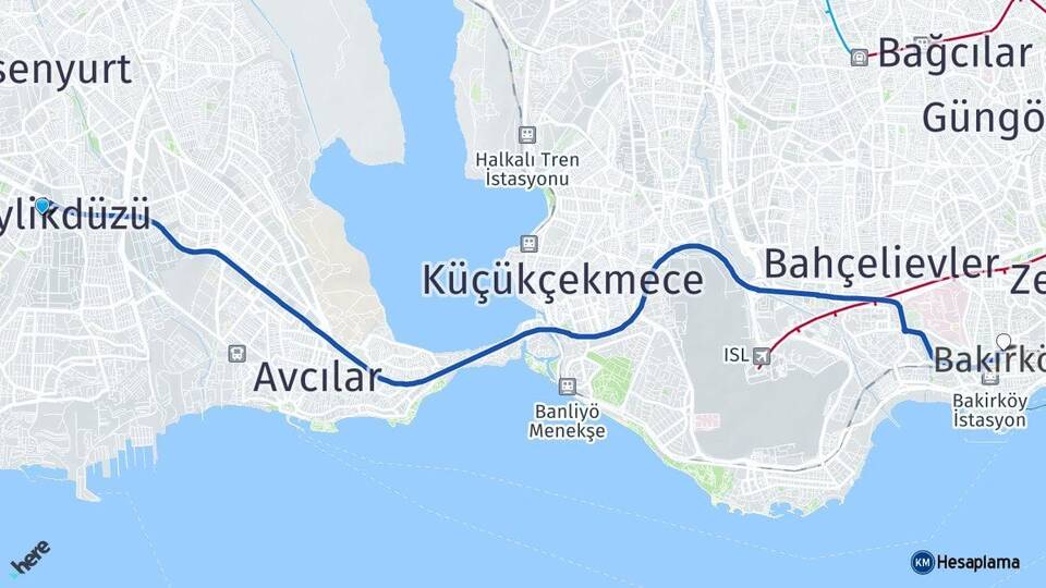 İstanbul Beylikdüzü Bakırköy Arası Kaç Km - Yol Haritası