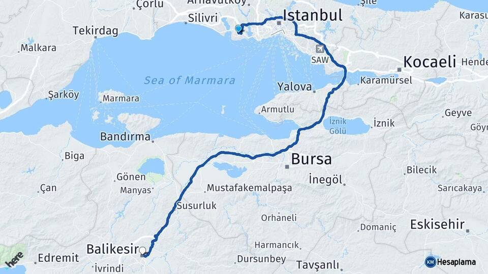 İstanbul Beylikdüzü Balıkesir Arası Kaç Km - Yol Haritası