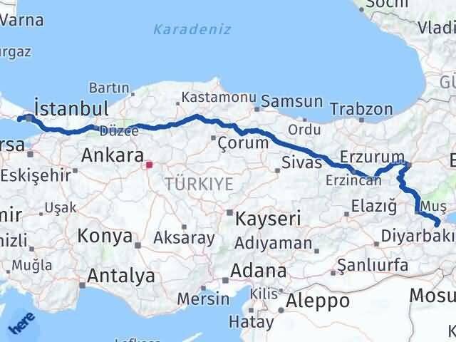 İstanbul Beylikdüzü Bitlis Arası Kaç Km - Yol Haritası