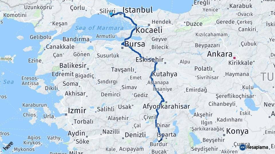 İstanbul Beylikdüzü Burdur Arası Kaç Km - Yol Haritası