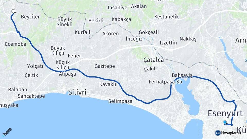İstanbul Beylikdüzü Büyük Çavuşlu Silivri Arası Kaç Km - Yol Haritası